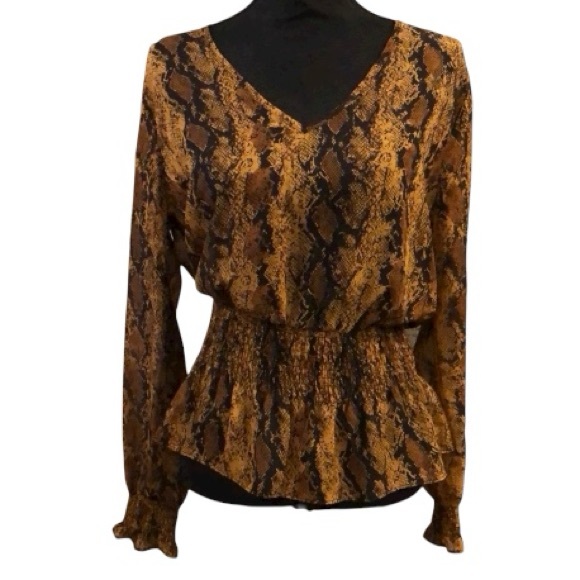 MOA MOA PEPLUM STYLE SEMI SHEER SNAKESKIN PRINT SMOCKED BLOUSE BROWN BLK SIZE M - Picture 1 of 14